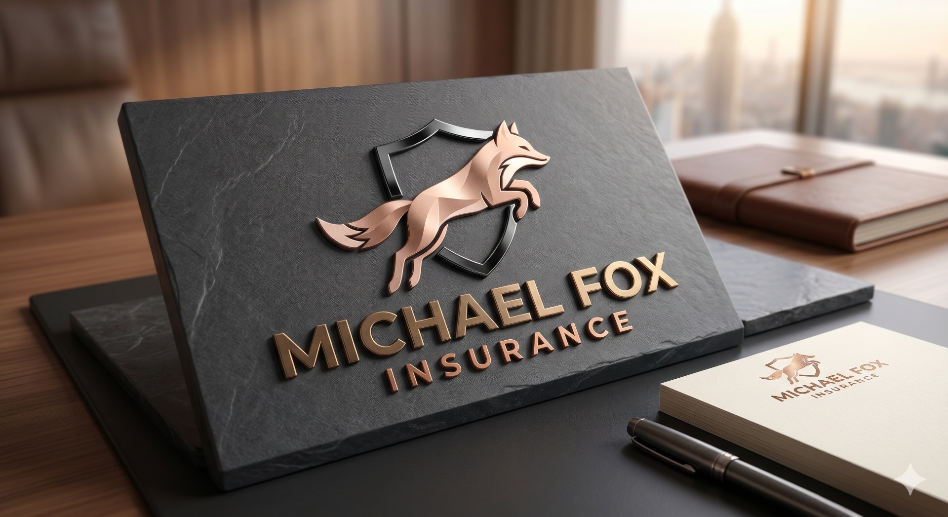 Michael Fox Insurance brand display with fox and shield logo